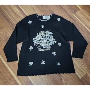Vtg Kathie Lee Sweater Womens XL Black Floral Pearl Gold Beaded Knit Granny